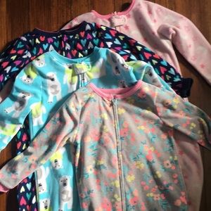 Lot of four warm, footed fleece pajamas